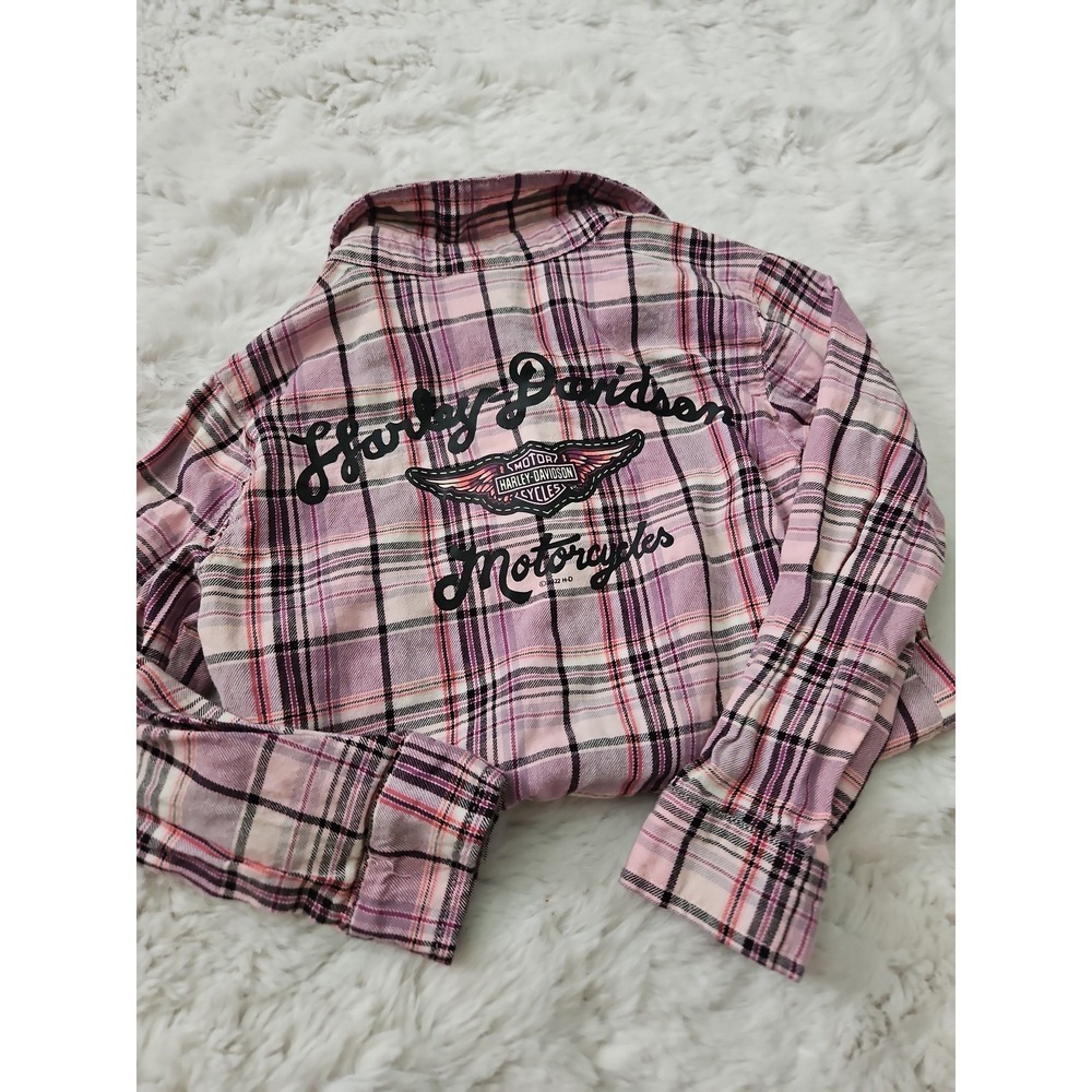 Harley-Davidson Girls Plaid Button Up Shirt 4/5 Pink Purple Embroidered‎ Long